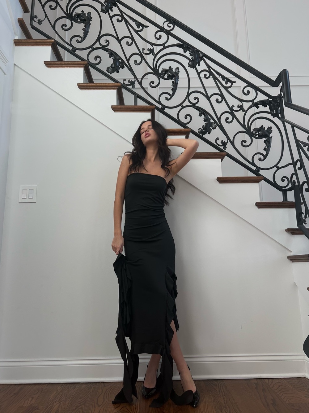 Black Strapless Maxi Dress with Side Ruffle Details